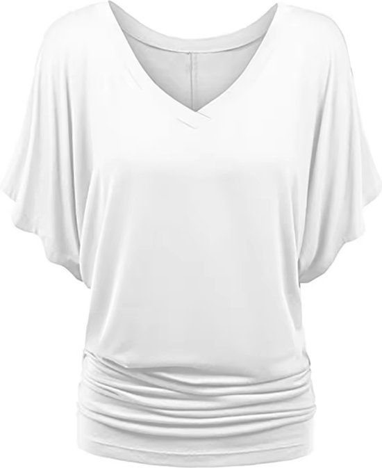 ASTRADAVI Damesmode - Top - Elegant V-hals shirt met vleermuismouwen - Batwing Blouse met met elastische zijkanten - Wit / Large