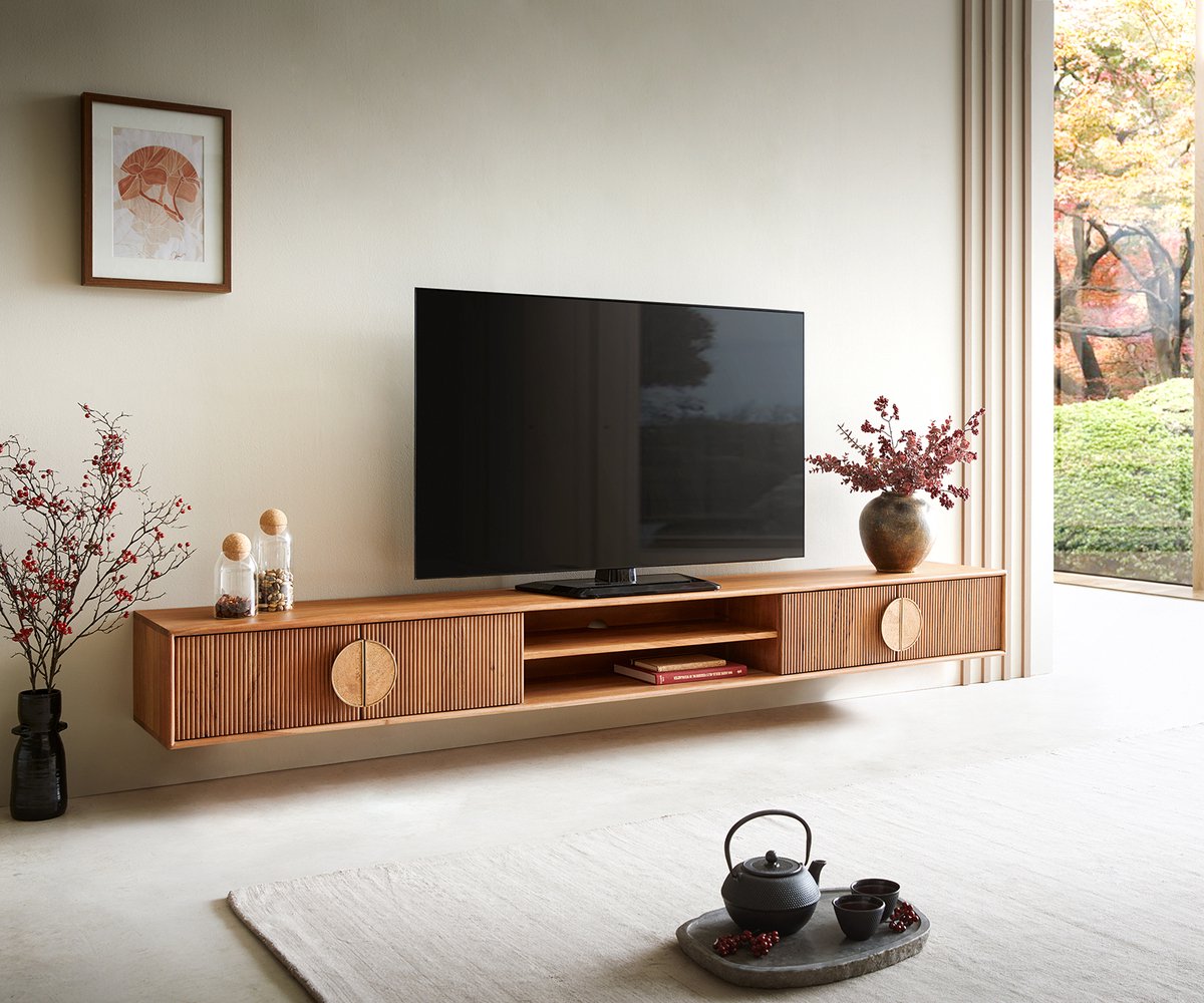 DELIFE TV-meubel Surimu acacia lichtbruin 240 cm 4 deuren 2 planken kurkgreep zwevend Lowboard Hellbraun