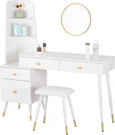 SureDeal® - Make up Tafel - 4 Lades - Bureau - Kast - Met Kruk - 100x40x136.5 cm - Goud - Kaptafel - Organizer - Bureau - Cadeau voor Vrouw