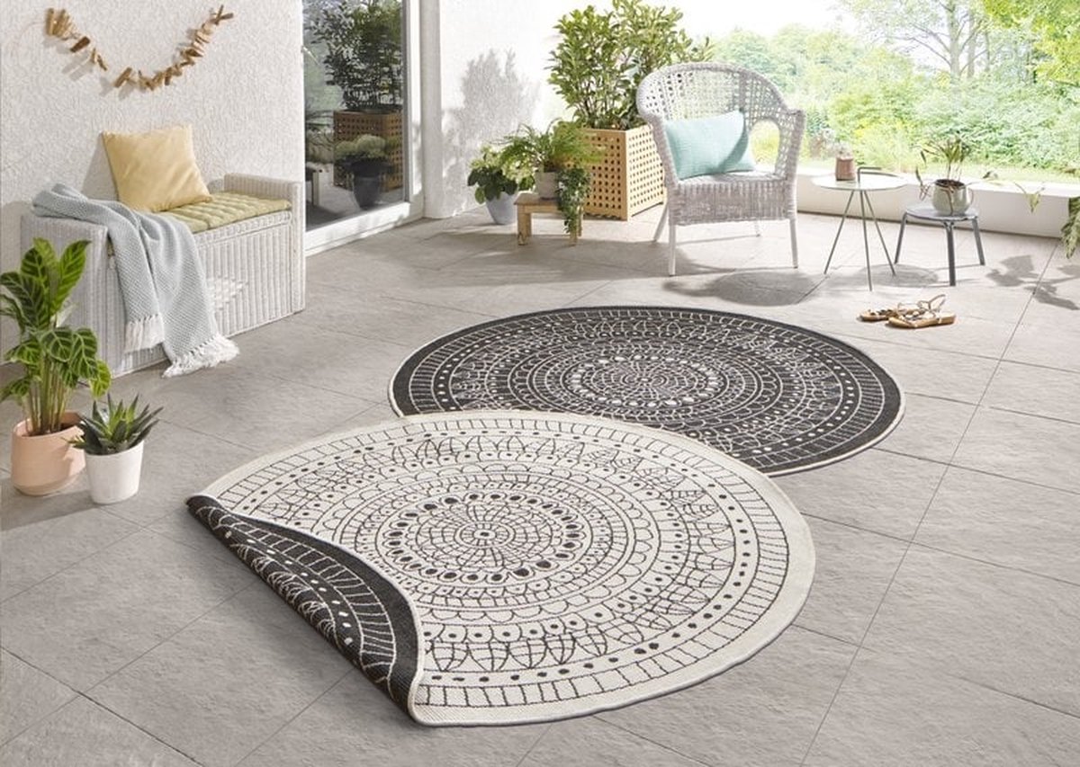 flycarpets Omkeerbaar Vloerkleed - Binnen & Buitenkleed Porto- Zwart / Creme - 140x140 cm