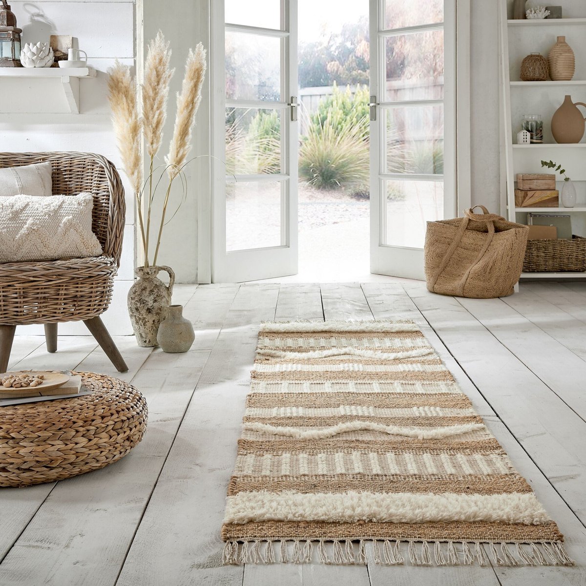 flycarpets Loper Medina Modern Jute - Laagpolig Vloerkleed - Naturel / Creme - 60x230 cm Roze