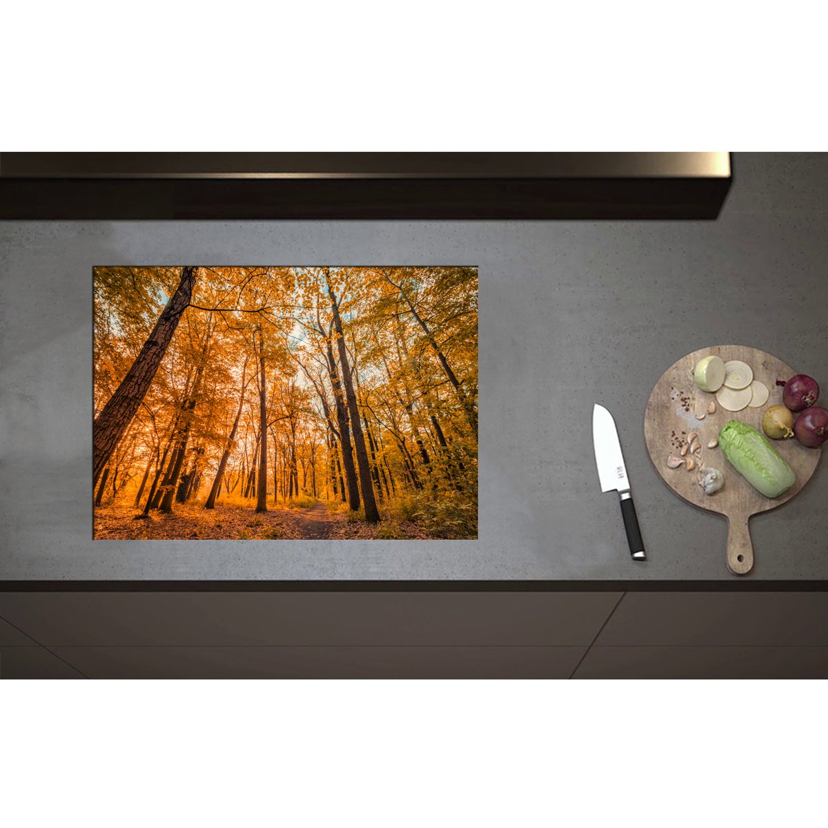 Inductieplaat Beschermer - Bos met Hoge Bomen in Herfstkleuren - 70x50 cm - 2 mm Dik - Inductie Beschermer - Bescherming Inductiekookplaat - Kookplaat Beschermer van Wit Vinyl