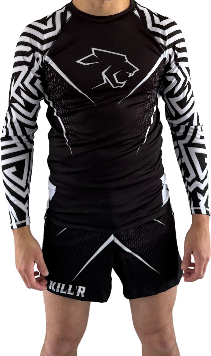 Rashguard - MMA / Kickboks Shirt - Vechtsport Kleding - Sport T-Shirt Zwart Wit