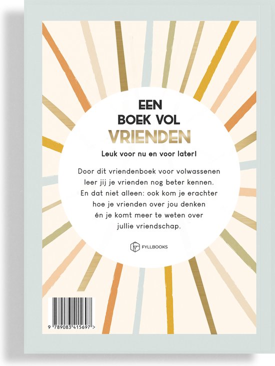 Achterkant van 'Een boek vol vrienden', met stralende lijnen en tekst over het vriendschapsboek.