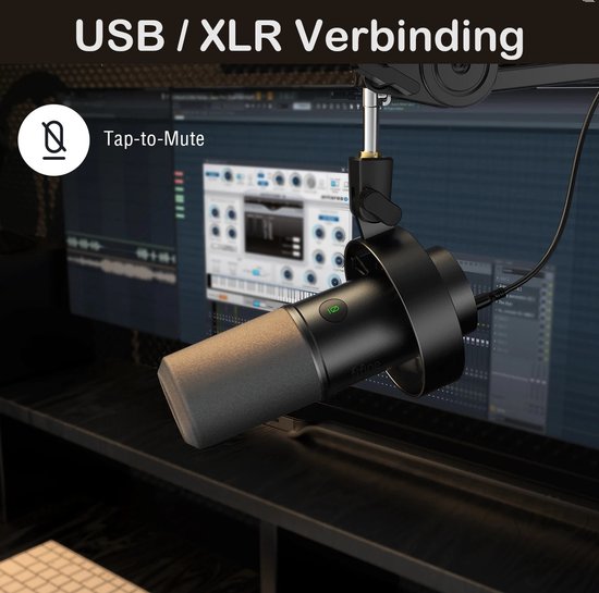 Microphone dynamique noir avec capuchon en mousse, connecté au-dessus d'un ordinateur affichant un logiciel de production musicale. Fonction Tap-to-mute.