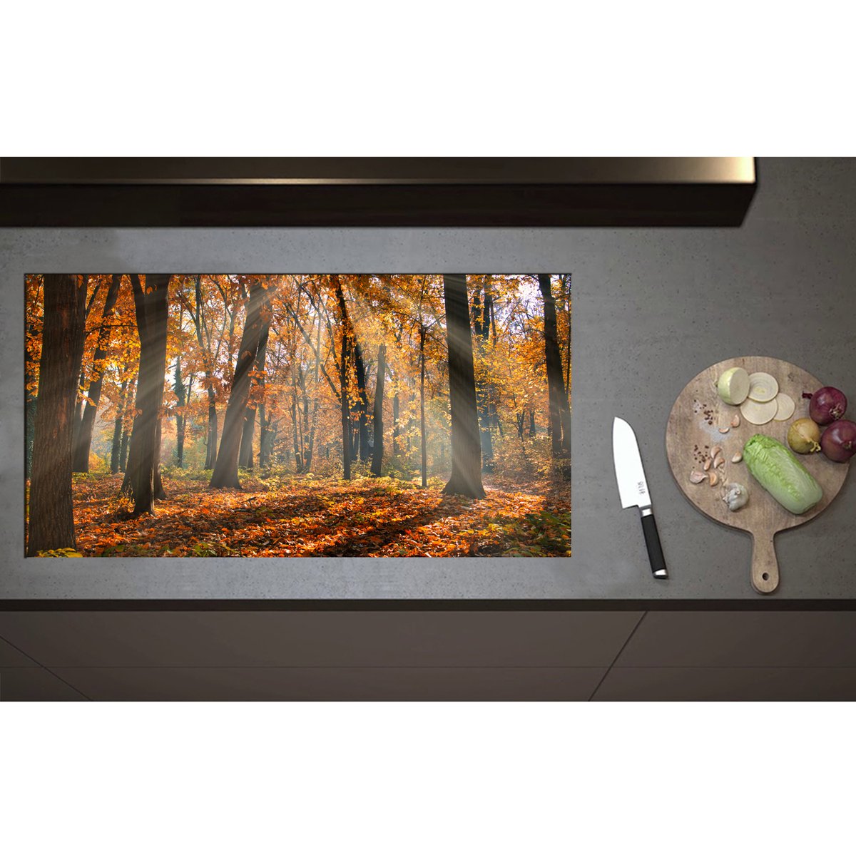 Inductieplaat Beschermer - Bos in de Herfst met Zonnestralen door de Bomen - 95x50 cm - 2 mm Dik - Inductie Beschermer - Bescherming Inductiekookplaat - Kookplaat Beschermer van Zwart Vinyl