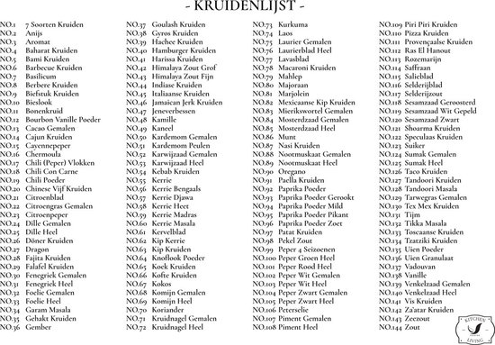 Une liste de 144 épices différentes, numérotées de 1 à 144, incluant des noms néerlandais et anglais tels que 'Anijs' et 'Oregano'.