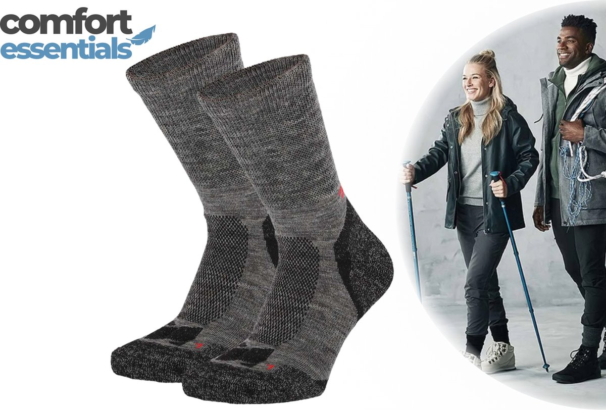 Comfort Essentials Hiking Sokken Extra Warm 2-Pack – Wandelsokken Heren Dames – Merino Wollen Sokken – Multi Antraciet - Maat 39/42