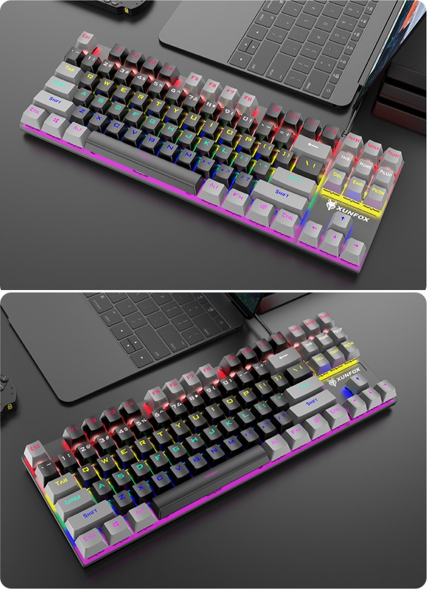 XUNFOX K80 RGB mechanisch 87keys TKL gaming toetsenbord - Blue Switch - Mechanical Keyboard - QWERTY - Anti-ghosting - Zwart/Grijs thumbnail 2
