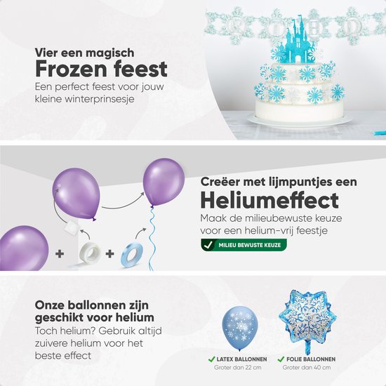 Een taart met kasteel decoratie en sneeuwvlokjes. Lila ballonnen worden getoond met instructies voor een helium effect.