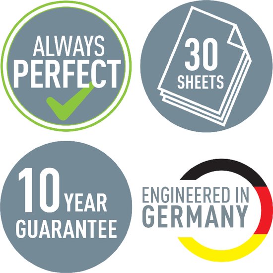 Vier cirkelvormige iconen: 'Altijd Perfect' met groen vinkje, '30 Vel', '10 Jaar Garantie' en 'Ontworpen in Duitsland' met Duitse vlagkleuren.