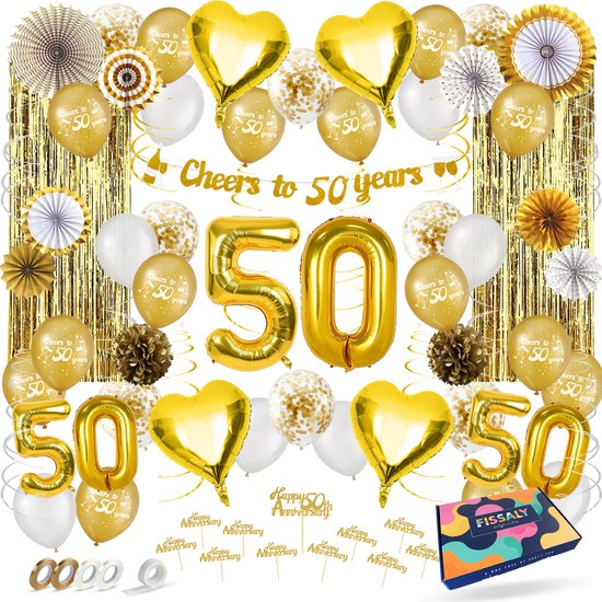 Fissaly 50 Jaar Gouden Jubileum Decoratie Versiering – Bruiloft, Huwelijk & Getrouwd - In Dienst - Ballonnen – Verjaardag - Man & Vrouw – Goud