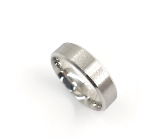 Edelstaal - ring - zilverkleur geborsteld - met 2 fijne zilverkleurig banen aan de zijkanten. maat 22. Deze ring is tijdloos!