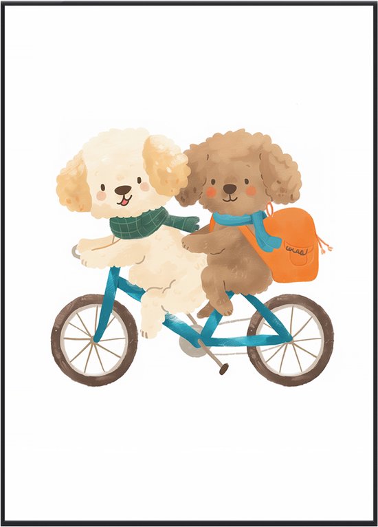 No Filter kinderkamer poster - Hondjes op fiets - Babykamer decoratie - 21x30 cm - A4 formaat - 1 stuks