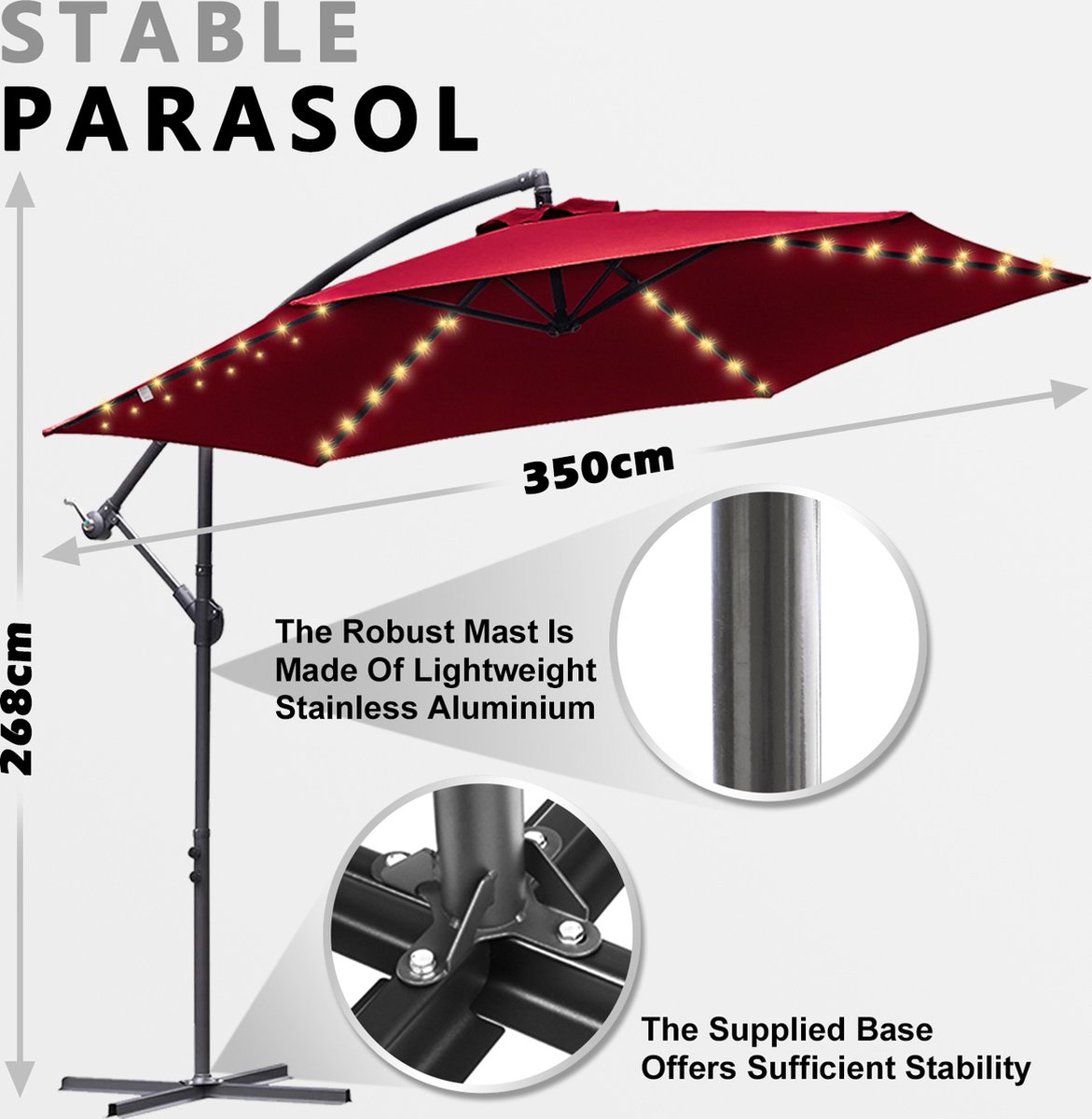 Zweefparasol - Strandparasols - Balkonparasols - Solar LED parasol Waterdicht - Parasol - Parasols - Ø 350cm - 3.5m - Tuinparasol - Zonne-energie - Rood- Draai- en Kantelbaar - 360° draaibaar - Duurzame Zweefparasol - Met voet – foto 2