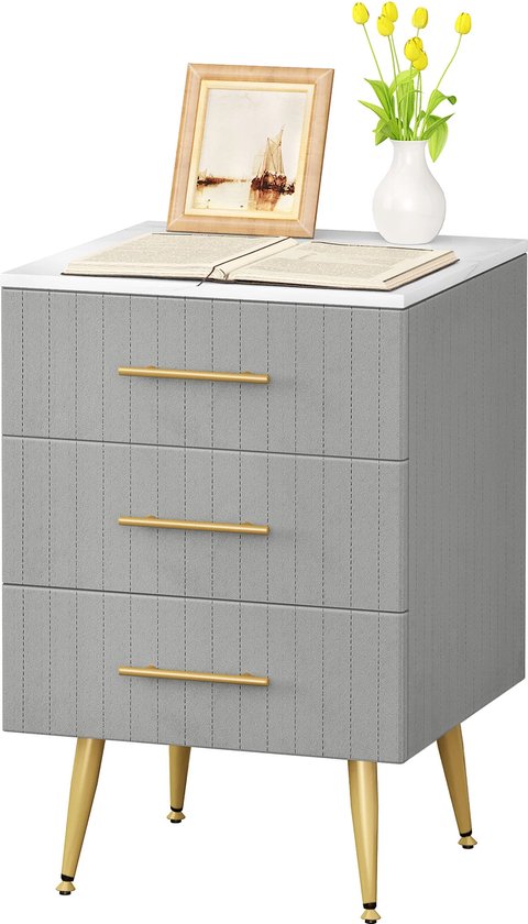 SureDeal® - Nachtkastje - Velvet - Grijs - Goud - Luxe - Slaapkamer - 3 Lades - 41x40.5x62 cm - Dressoir - Kast - Huiskamer