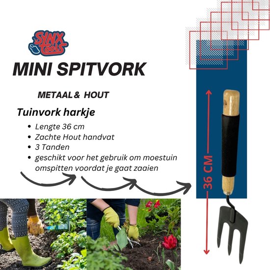 Synx Tools Tuinvork Mini Spitvork Metaal 36 cm - hark - Mini tuingereedschap - Onkruidverwijderaar - Handgereedschap - Moestuin benodigheden van Synx Tools — afbeelding 2
