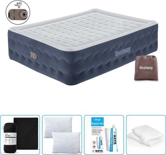 Bestway luchtbed - 2-Persoons - 152 x 203 x 51 cm - Blauw - Inclusief pomp - Hoeslaken - Kussen - Kussenbeschermer en Reparatieset