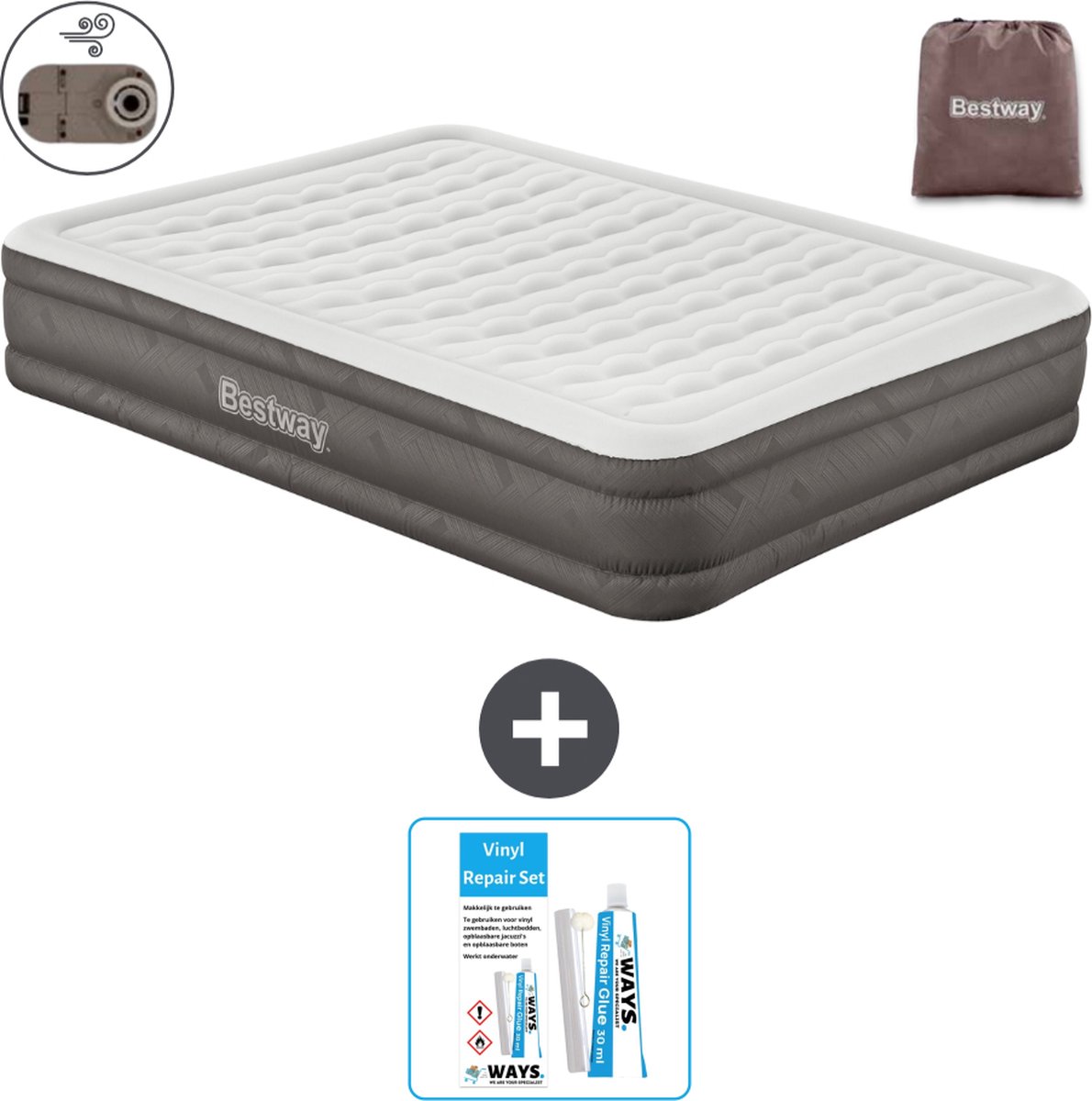 Bestway luchtbed - 2-Persoons - 152 x 203 x 36 cm - Bruin - Inclusief pomp - Reparatieset