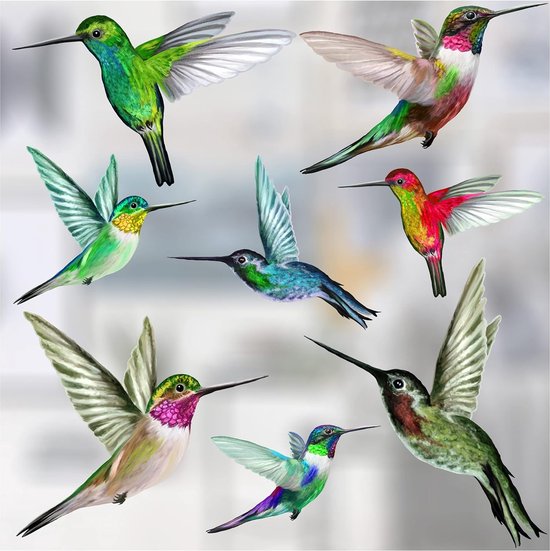 Vogelraamstickers ter bescherming tegen vogelaanvaringen - Acht gemengde prachtige kolibrieglasstickers, dubbelzijdig en zelfklevend ter bescherming tegen vogelbotsingen