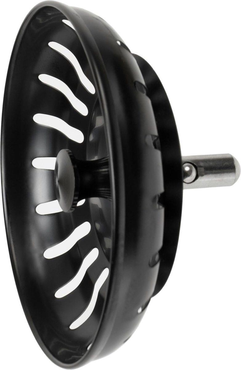 Goedkoopste Spoelzeefje, 1 stuk, Ø 79 mm zeef, in zwart, de excentrische pin steekt 30 mm diep in de afvoer, Ø 7,8 mm pin, geschikt als reserveonderdeel voor blanco spoelbakken, keukenafvoerzeef, gootsteen