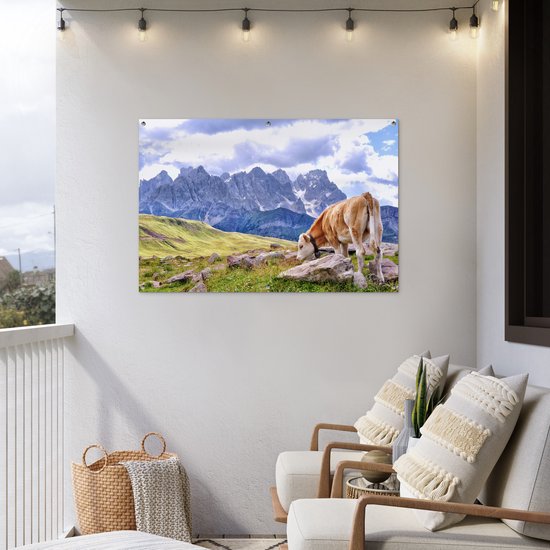 Een bruine koe in de Alpen op een poster.