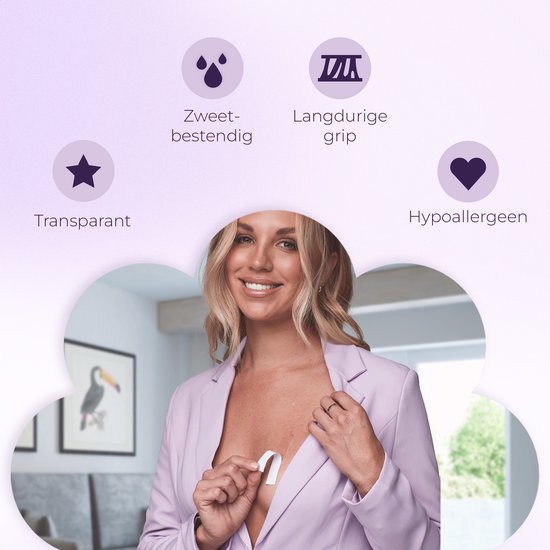 Vrouw met blond haar in paars jasje gebruikt Shapetape. Transparant, zweetbestendig, langdurige grip, hypoallergeen.