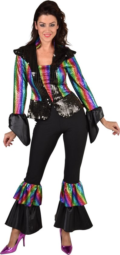Magic By Freddy's - Jaren 80 & 90 Kostuum - Dancing Rainbow Queen - Vrouw - Zwart, Multicolor - XXL - Carnavalskleding - Verkleedkleding