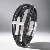 Heren Armband Leer - Zwart met Stalen Kruis - 21cm - Armbanden - Schoencadeautjes Sinterklaas Jongen - Cadeaus Mannen