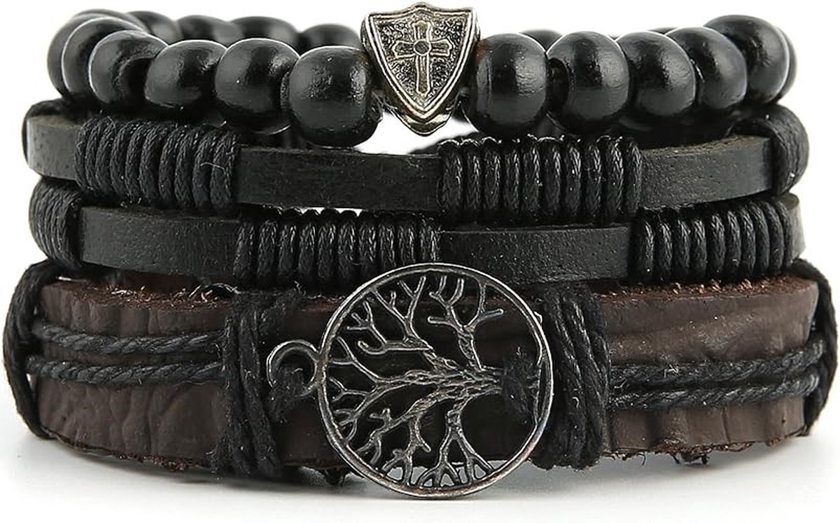 Malinsi® Armband Heren en Dames - Onyx Rope en Leer Set van 3 - Mannen en Vrouwen Armbandje