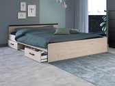 Bed met opbergruimte 140 x 190 cm - 2 laden en 1 nis - Kleur: naturel + bedbodem - PABLO L 145.8 cm x H 58.9 cm x D 193 cm