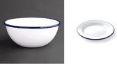 Bol à pudding en émail 155 mm 5,5 pouces (diamètre) bol de cuisine en acier inoxydable, blanc/bleu, lot de 6 et assiettes, plat, avec un beau bord bleu, résistant à l'usure, diamètre 200 mm