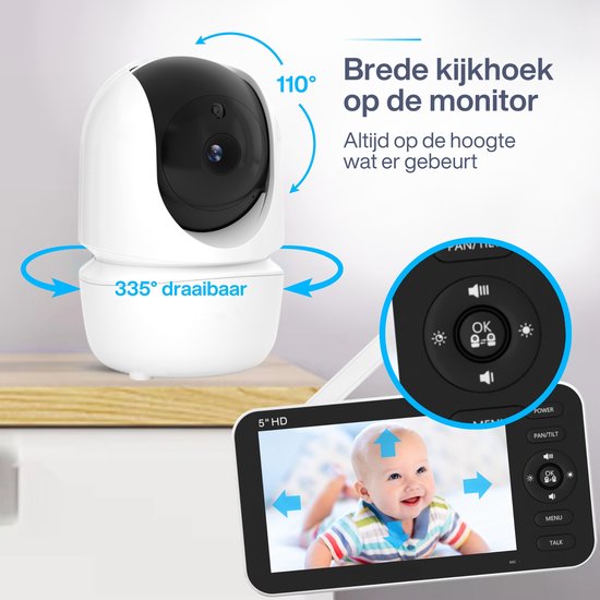 Avalect SafeNest Babyfoon 5 inch - Babyfoon met camera - Op afstand bestuurbaar - Video & Audio - Baby monitor - Avalect
