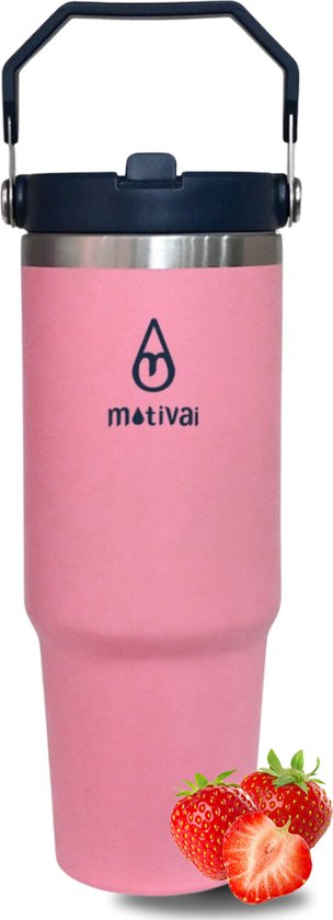 Flip Straw Tumbler Motivai® - Roze - 30oz - Travel Cup - RVS Thermosbeker met Handvat en Rietje - Drinkbeker To Go - 900 ML - Travel Mug - Thermosbeker - Thermosfles - Thermoskan - Geschikt voor warme en kouden dranken