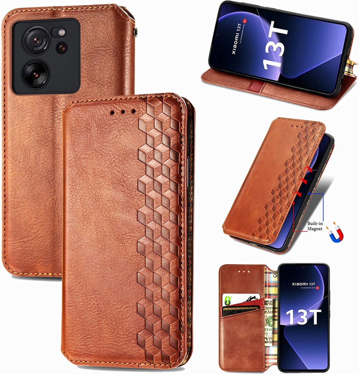 Luxe PU Lederen Ruitpatroon Wallet Case + Screenprotector voor Xiaomi 13T / 13T Pro _ Bruin
