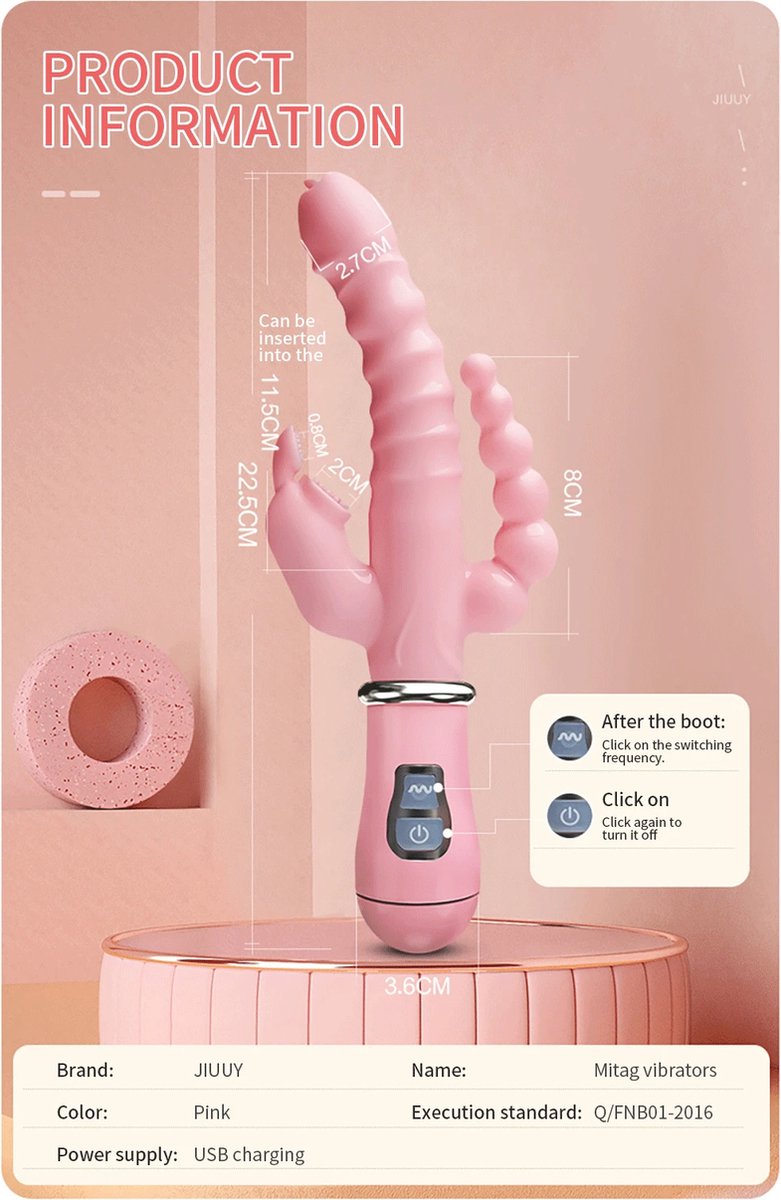 Vibromasseur Lapin 3en1 Rechargeable USB - Étanche, Silicone - Rose - Neuf Sous Blister