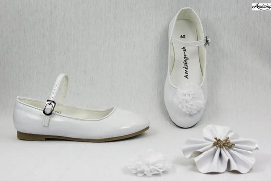 Ballerina's-bruidsschoen meisje-prinsessen schoen-schoen wit glossy-verjaardag schoen-platte schoen wit-bruidsmeisjes schoen-gespschoen-verkleedschoen (mt 28)