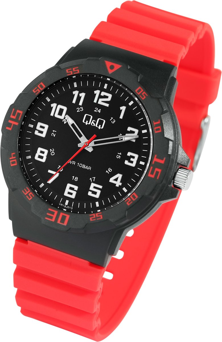 QQ-Horloge-Unisex-Kunstof-Analoog-Waterdicht-10BAR-Rood-Zwart-Kunstof