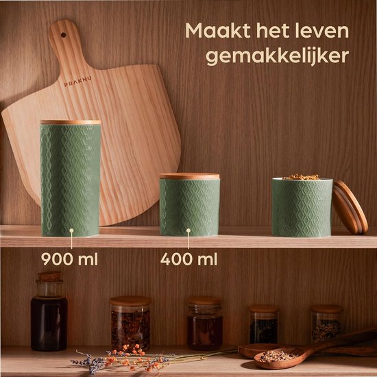 Keramische Voorraadpotten met Bamboe Deksel - 3-Delige Keramische pot met Luchtdicht Deksel - Vaatwasmachinebestendig - Voorraadpotten voor koffie, suiker, muesli (Muntgroen)