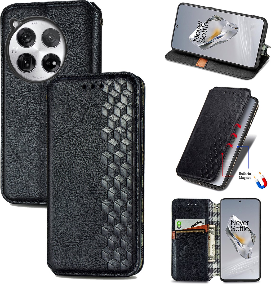 Luxe PU Lederen Ruitpatroon Wallet Case + PMMA Screenprotector voor OnePlus 12 _ Zwart