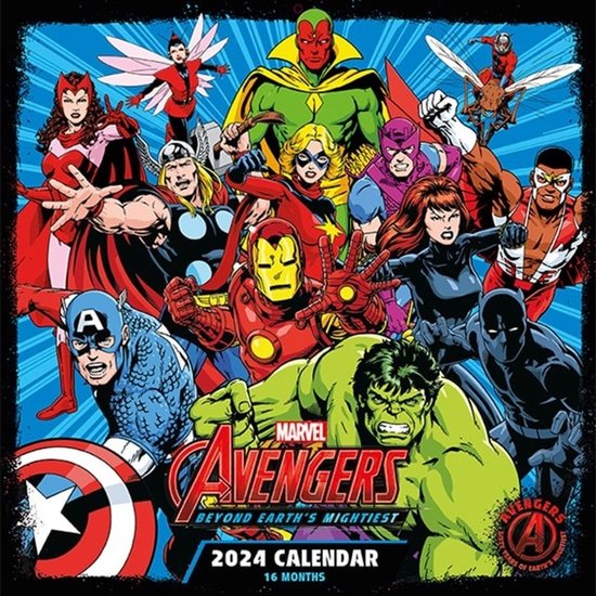 Marvel Avengers 2024 kalender met Capitein Amerika, Iron Man, Hulk, Thor, Black Widow, Hawkeye, Scarlet Witch, Vision en Falcon.