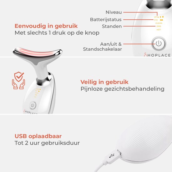 Shoplace Face Lift Huidverjongingsapparaat – Facelift apparaat– Skin care - Huidverzorging – Gezichtsreiniger - Massage – Versteviging - Verminderen van Acne, Lijnen, Rimpels en Vermoeidheid - Valentijn cadeau