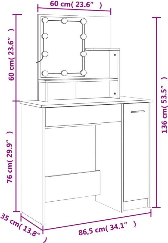 Dimensions d'une coiffeuse avec miroir, éclairage et une armoire.