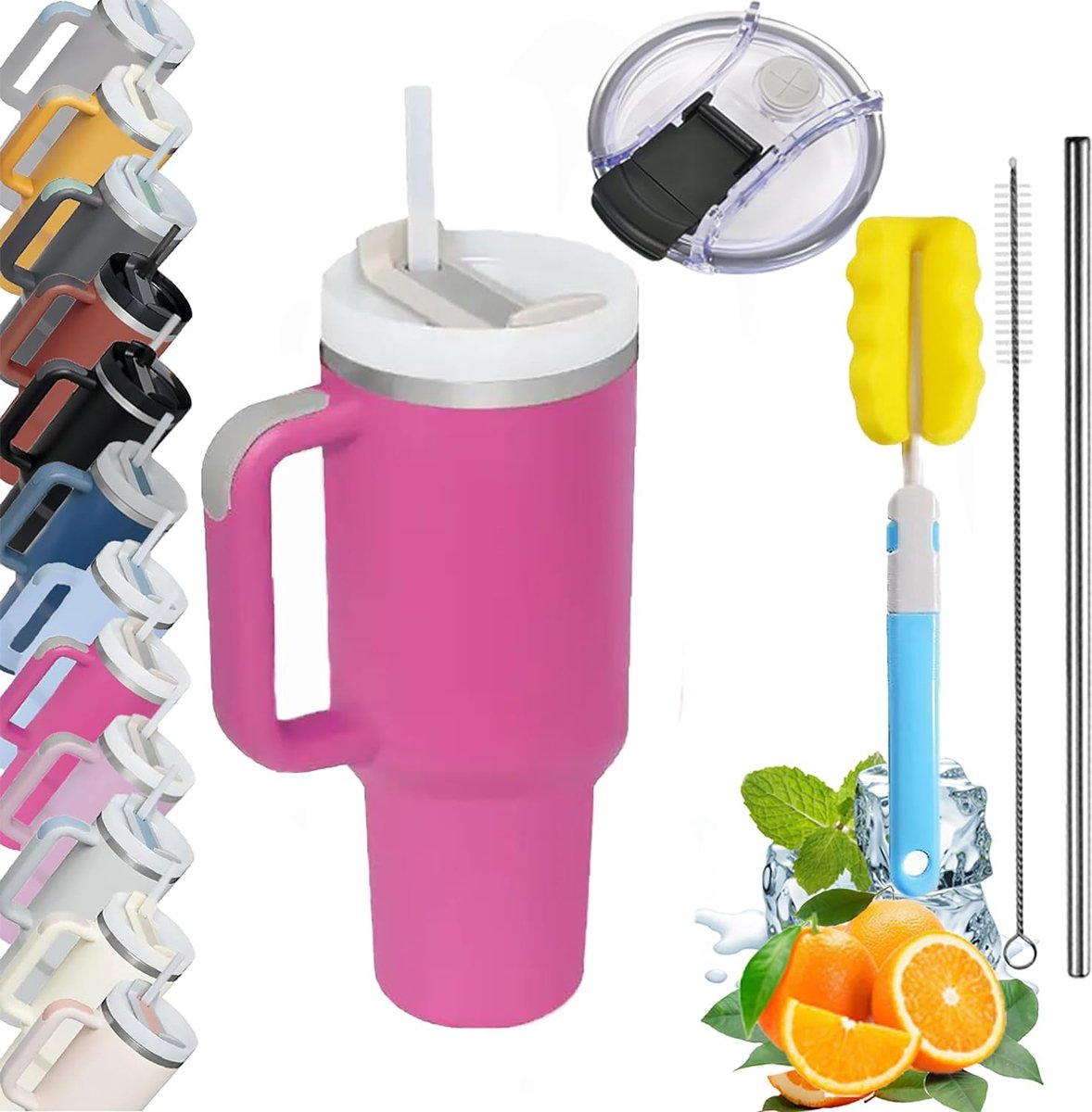 Ayangoods Thermosbeker Set met Handvat en Rietje Isolatiebeker voor Onderweg Autobeker Reisbeker met Gratis Accessoires Milieuvriendelijk