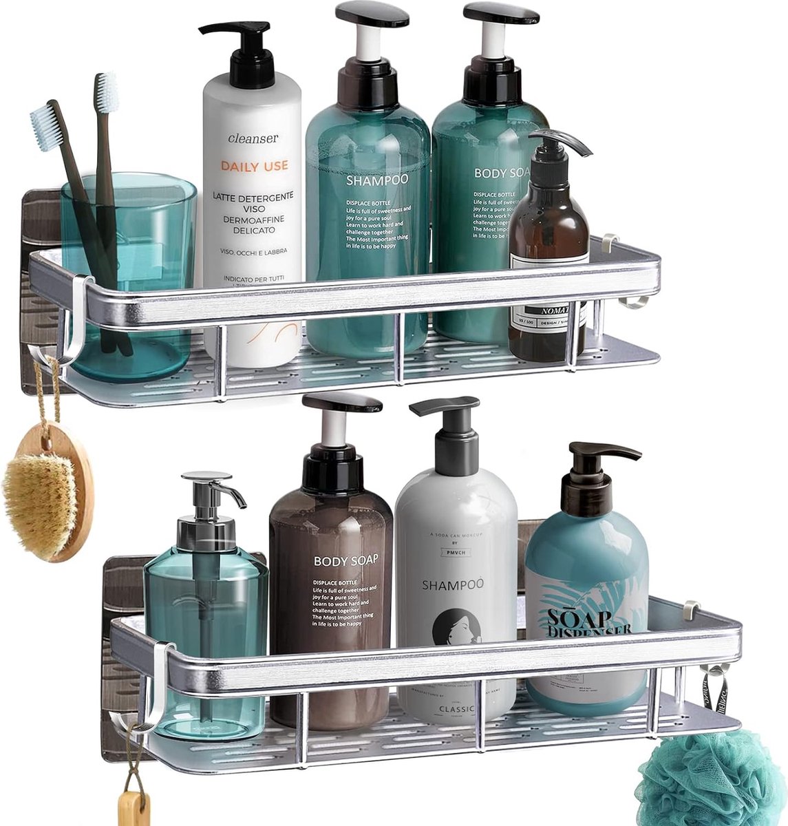 Wisfame Doucheplank zonder boren zwart, roestvrij staal badkamer doucheplank 2 stuks, waterdicht, zelfklevende douche-shampoohouder met haken, planken badkamer organizer douche