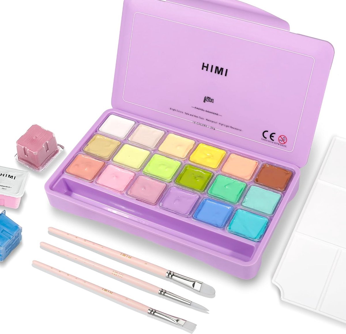 HIMI - Gouache - set van 18 Pastel kleuren 30g - Lila + 3 penselen