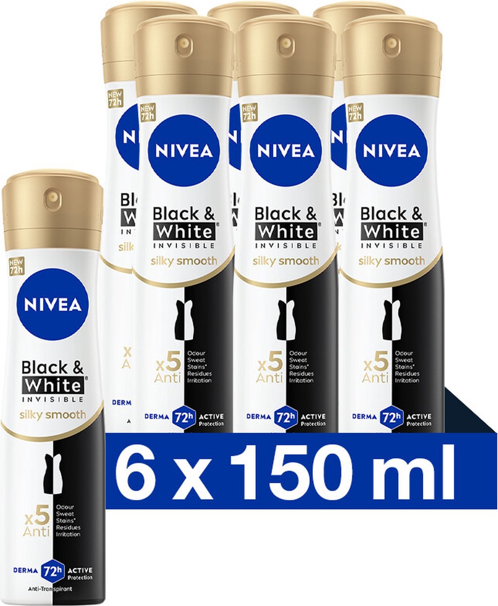 Goedkoopste NIVEA Black & White Silky Smooth Deodorant Spray - Voor na het scheren - Geen witte of gele vlekken - 72 uur bescherming - 6 x 150 ml - Voordeelverpakking