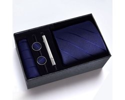 Zijde Stropdas Set - Stropdas met Pochet, Manchetknopen en Dasspeld - 100% Zijde Tie Set - Blauwe Stroken