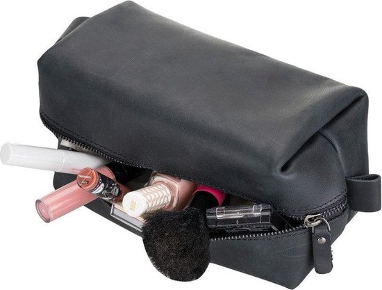 Lederen Make Up tas Cosmetica Organizer Toilettas dopp kit echt leer - Plain Black (Large)