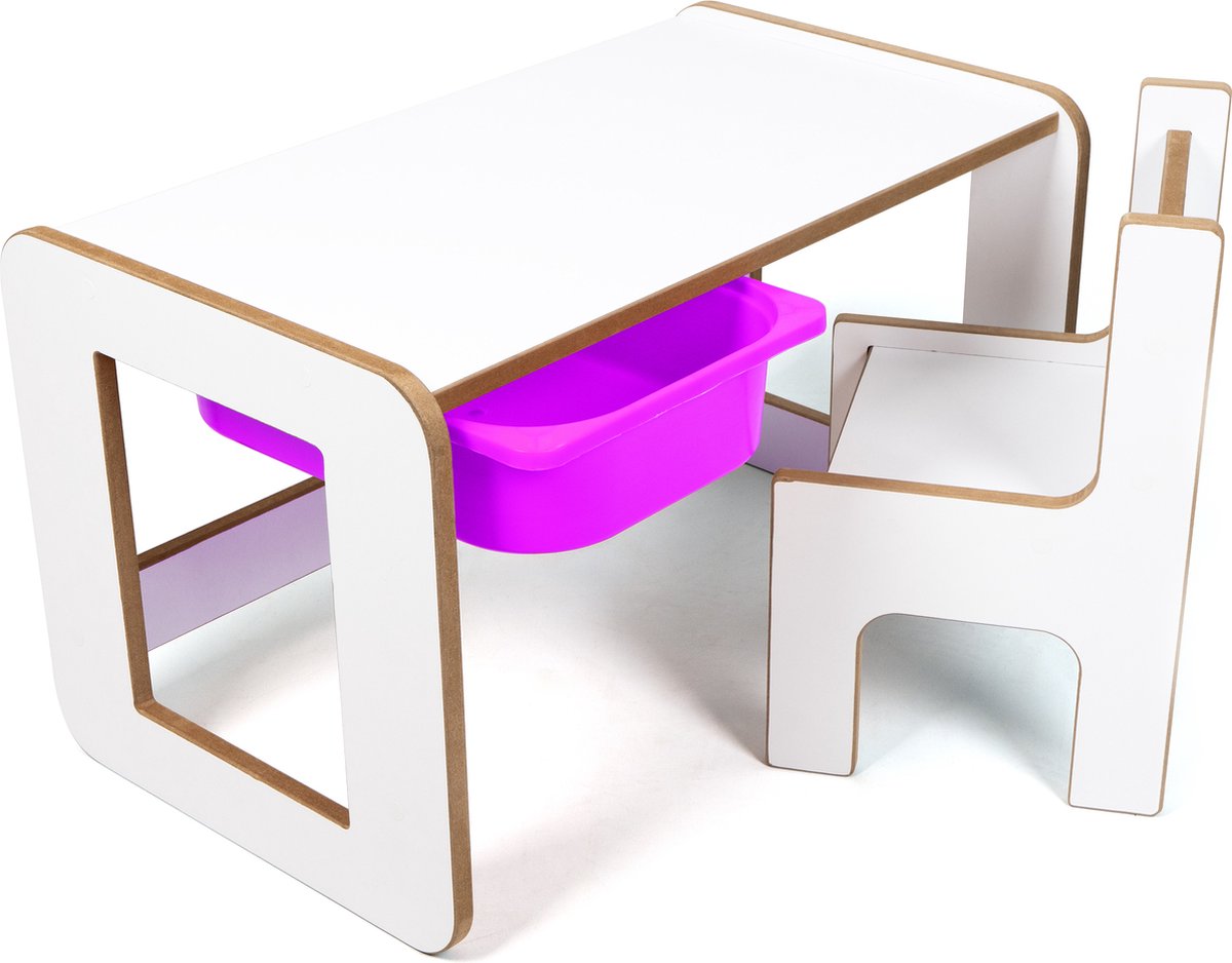 Industrial Living kindertafel met lila lade - Speeltafel - Tekentafel met kinderstoel - Kinderbureau - Activiteitentafel - Hout - Wit